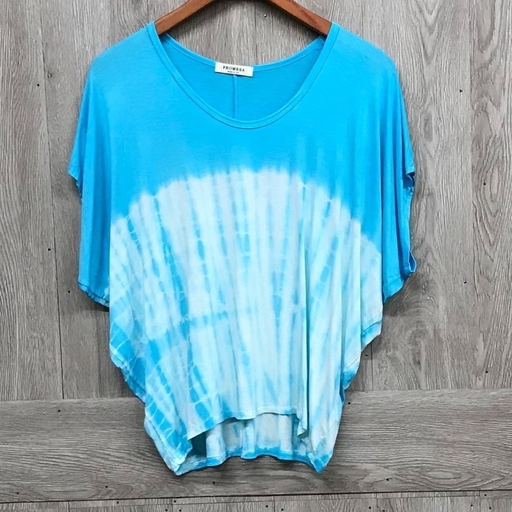 Tie Dye Dolman Top Short Sleeve Blue White BB109
